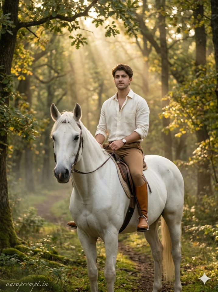 Cinematic White Stallion Portrait in Misty Forest Light