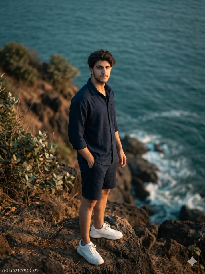 Coastal Cliff Portrait of Stylish Indian Man in Navy Coord Set