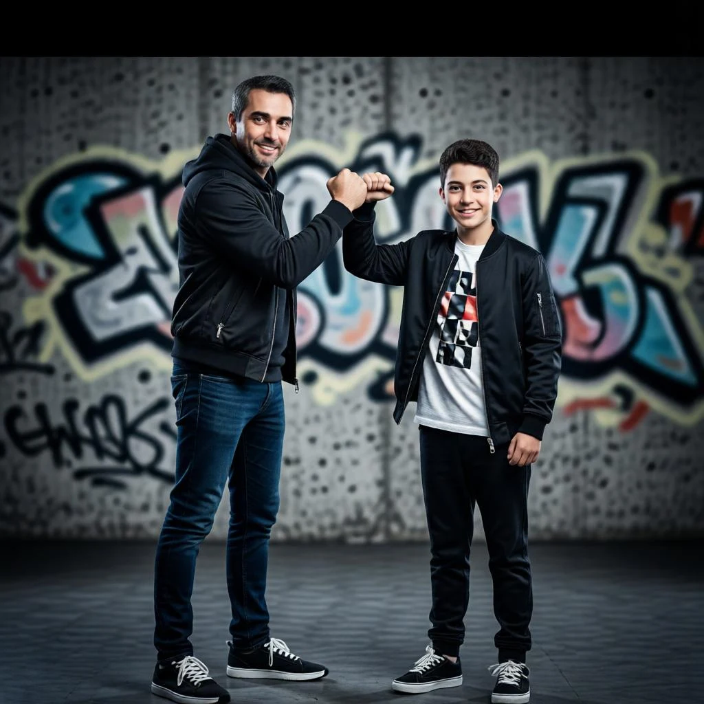 Cool Father & Son Studio Portrait with Fist Bump Vibe