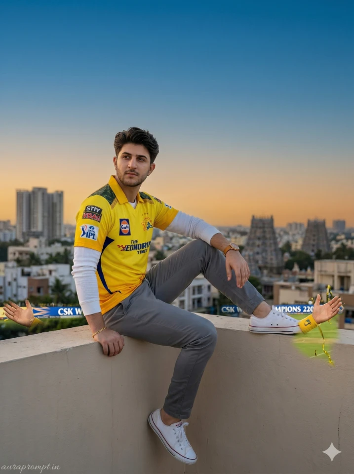 CSK Fan Portrait on Chennai Rooftop at Golden Hour