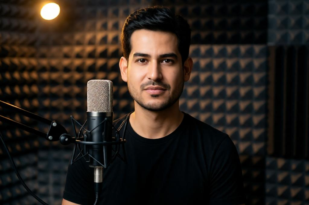 Dark Studio Neutral Male Portrait with Condenser Mic