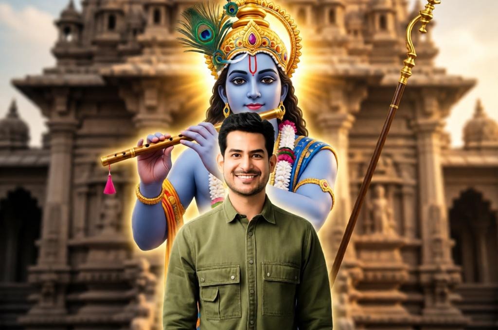 Divine Krishna Portrait with Temple Backdrop