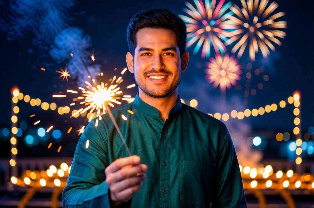 Diwali Night Portrait: Man with Sparkler in Jewel Kurta