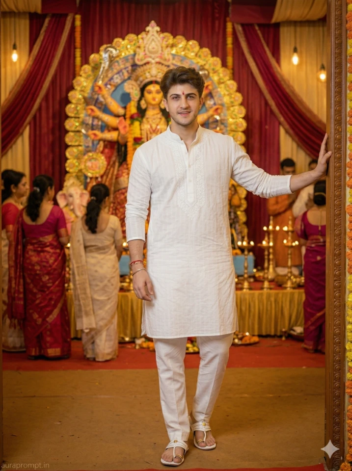 Durga Puja AI Portrait: White Kurta & Festive Pandal