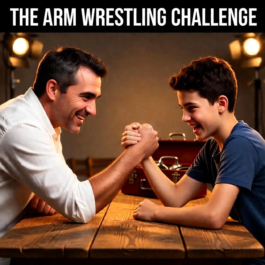 Dynamic Father & Son AI Arm Wrestling Studio Portrait