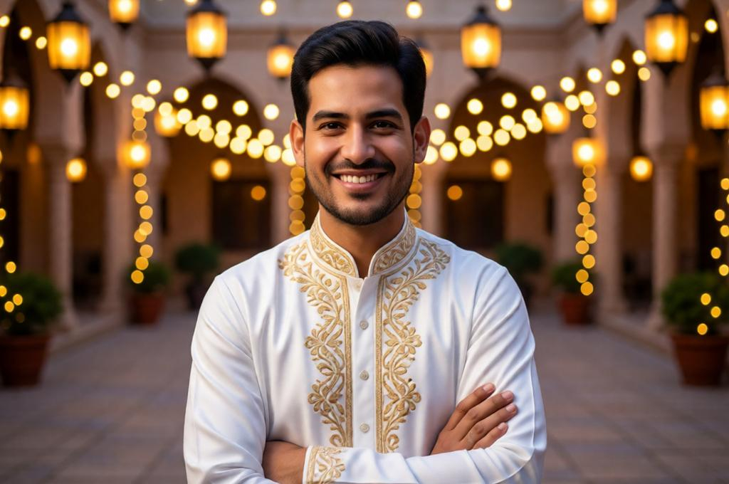 Eid Celebration Portrait – White Embroidered Kurta in 8K