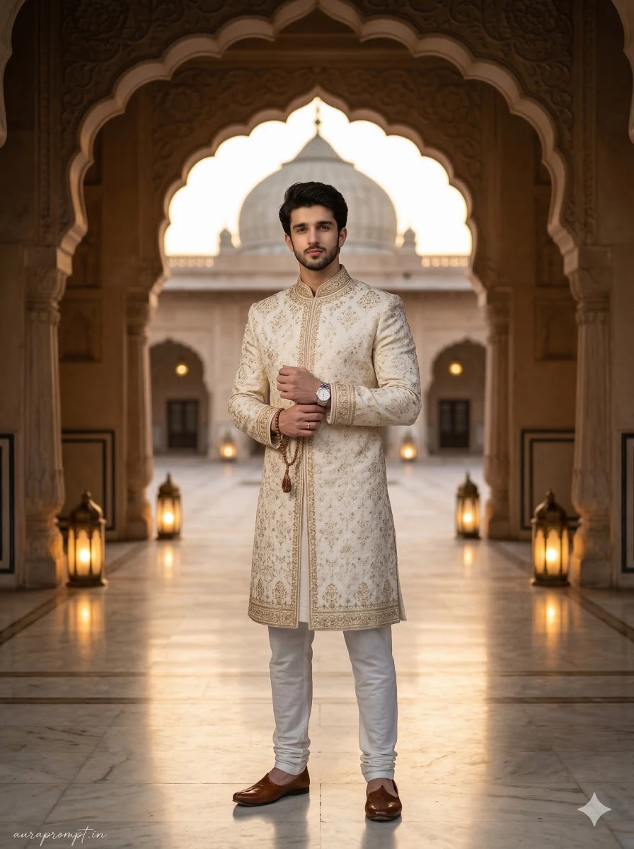 Eid Mubarak AI Portrait: Mughal Palace Sherwani Look