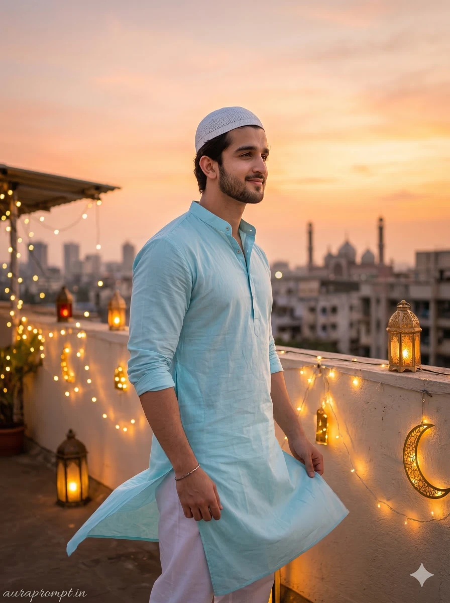 Eid Mubarak Rooftop Portrait - Boy in Mumbai Sunset 2026