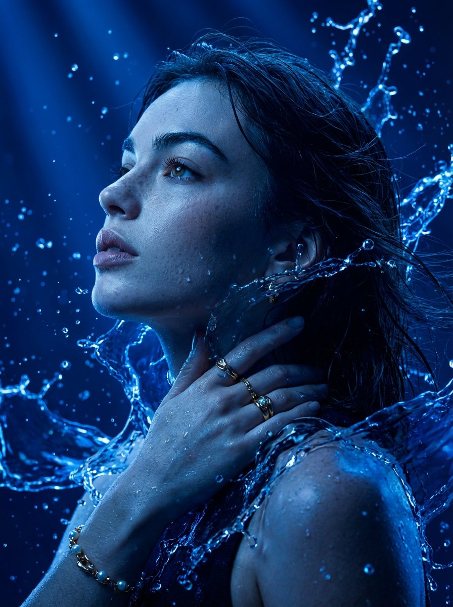 Electric Blue Cinematic Portrait with Water Energy