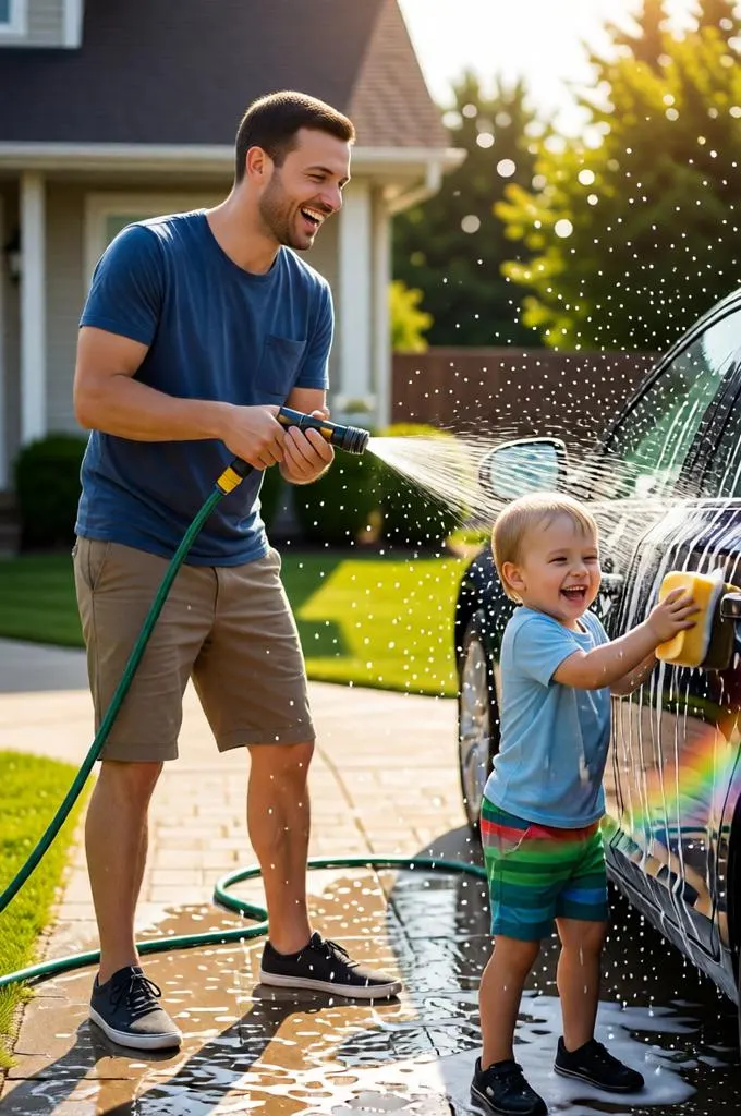 Father and Son Car Wash Fun: AI Portrait Prompt