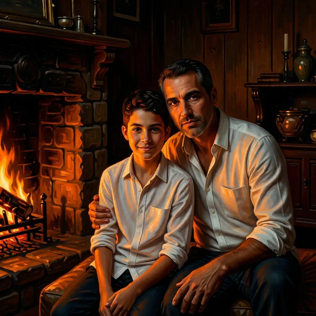 Father and Son Oil Painting by Fireplace