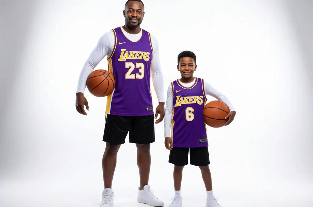 Father & Son Basketball Portrait in Purple & Gold Jerseys