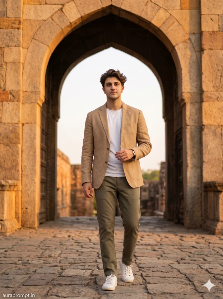 Golden Hour Stone Gateway Portrait AI Prompt