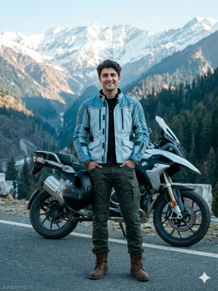 Himalayan Sunrise Biker Portrait AI Photo Prompt