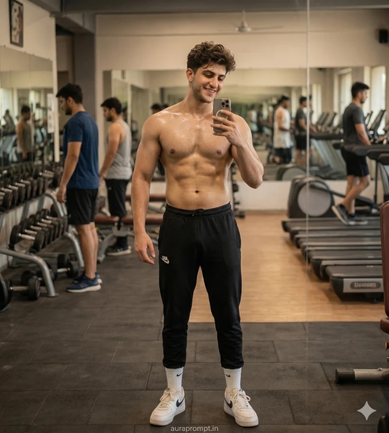 Hyper-Realistic Gym Mirror Selfie Portrait AI Prompt