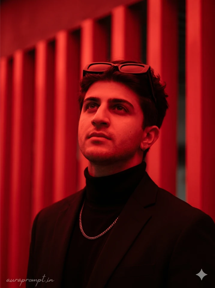 Hyper-Realistic Male Portrait in Dramatic Red Light and Blazer