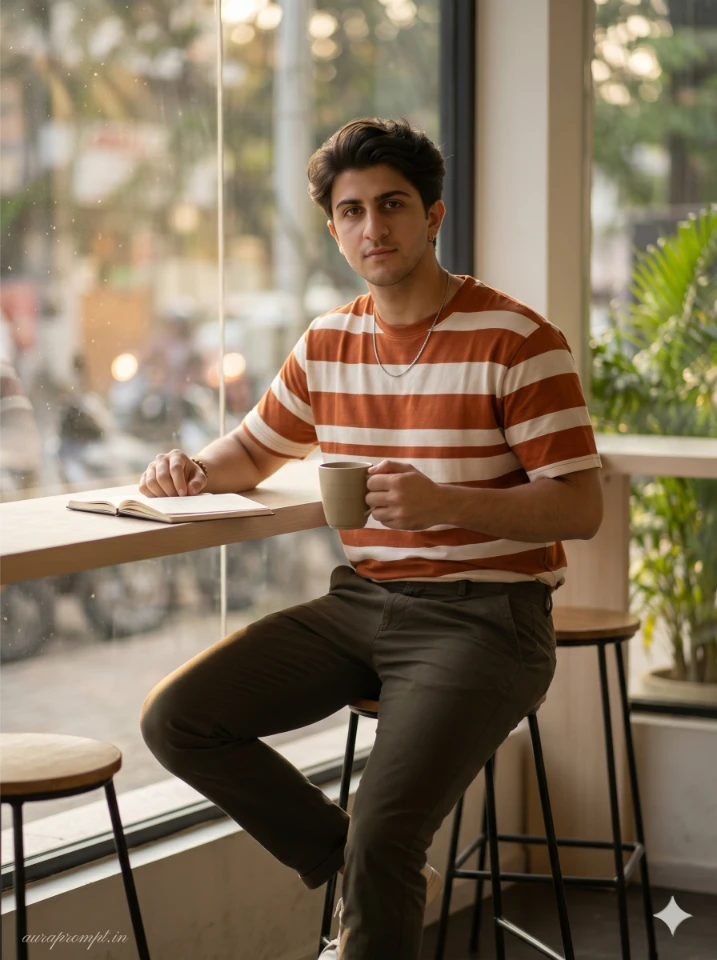Indian Man in Rust Striped Café Editorial Portrait