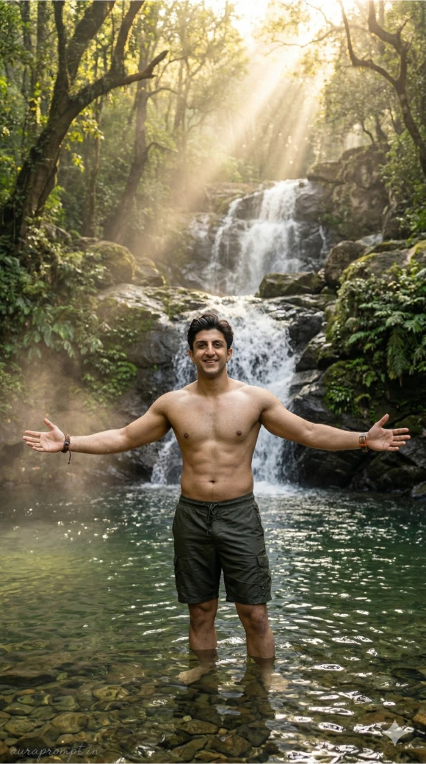 Indian Man in Waterfall Pool Golden Light