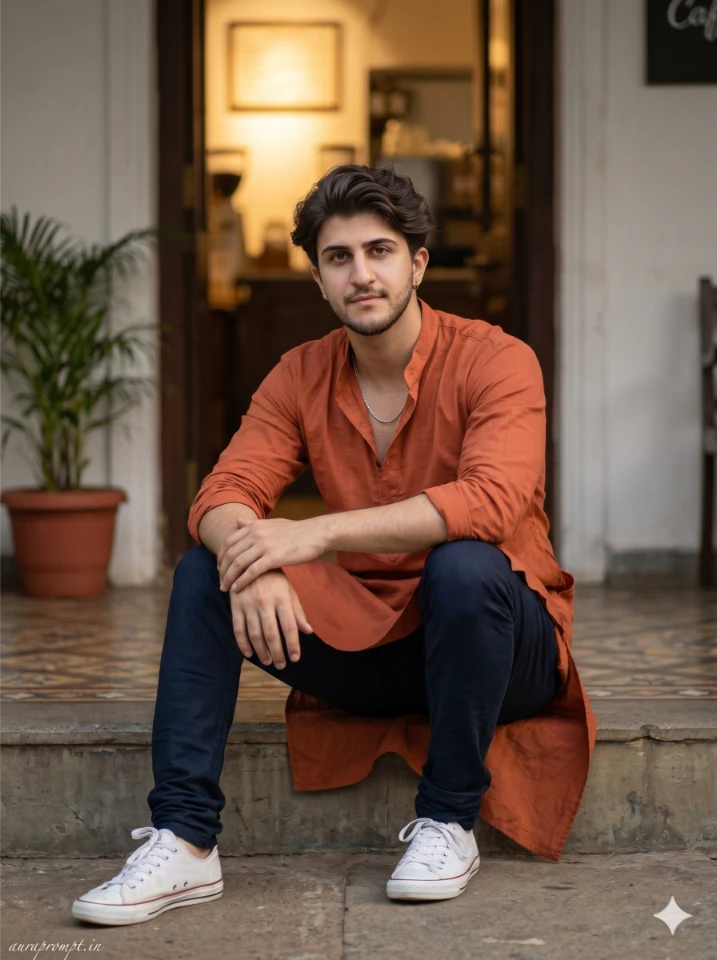 Indian Man Kurta Portrait Prompt – Café Editorial Style
