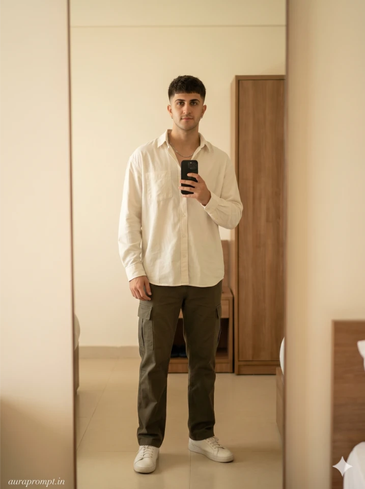 Indian Man Mirror Selfie outfit,Shirt & Cargo 8K Portrait