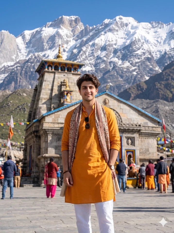 Kedarnath Temple Portrait Prompt with Saffron Kurta Look