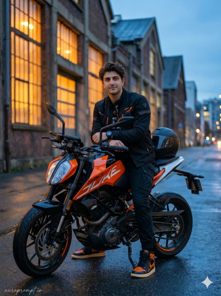 Luxury Biker Portrait AI Photo Prompt – Urban Blue Hour