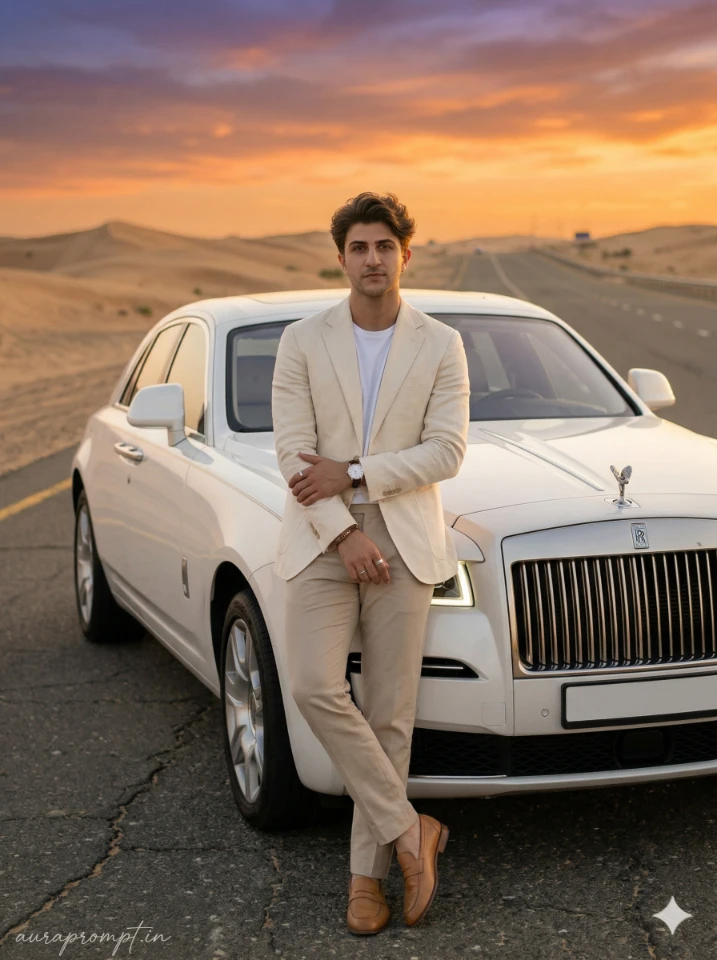 Luxury Desert Rolls Royce Portrait AI Prompt