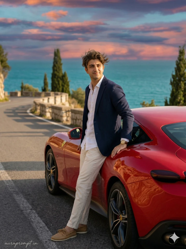 Luxury Ferrari Coastal Golden Hour Portrait