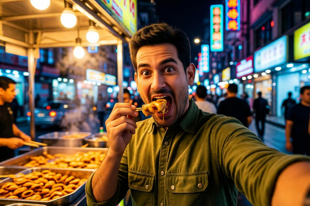 Midnight Street Food Selfie – Photorealistic Male Portrait