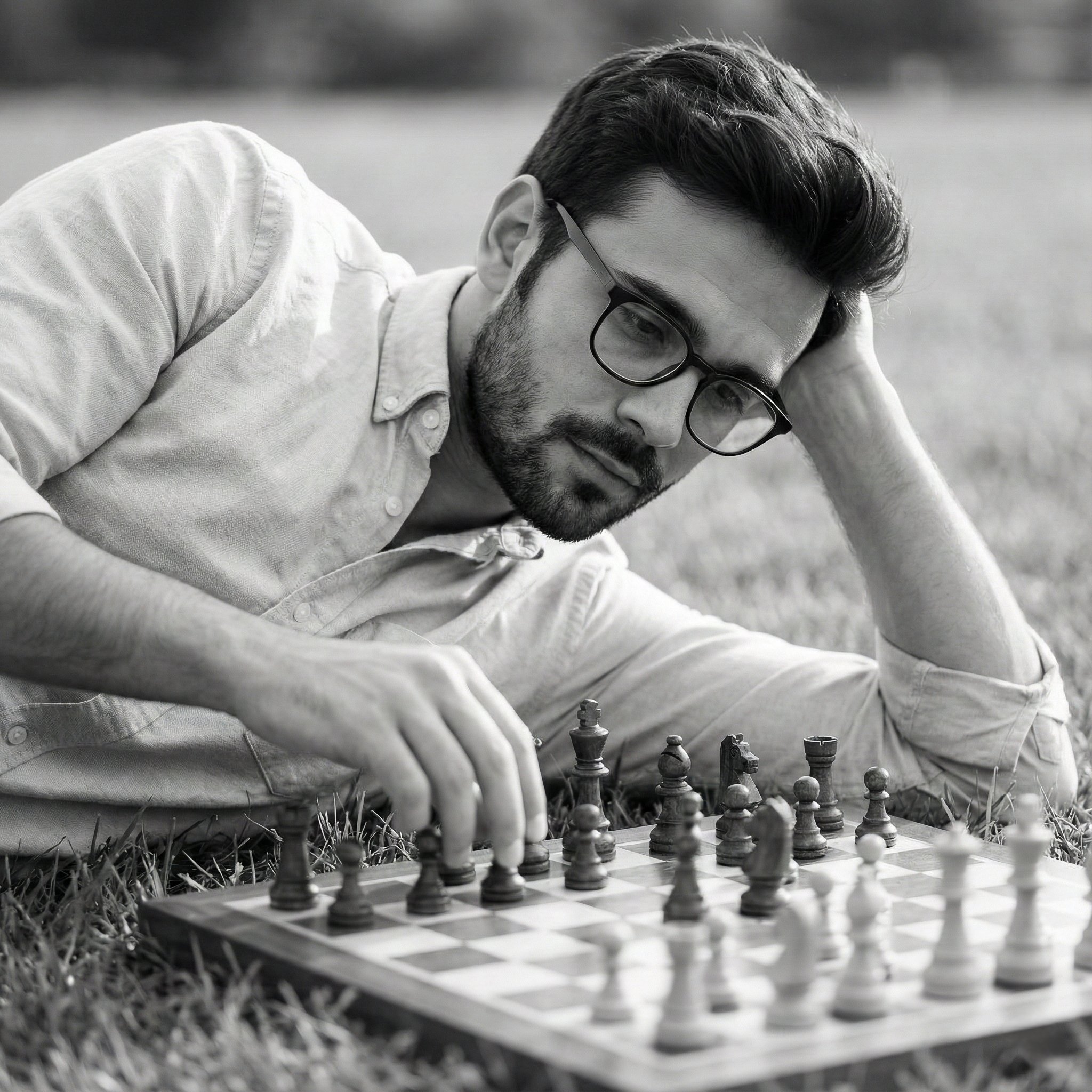 Monochrome Portrait of Man Playing Chess on Grass