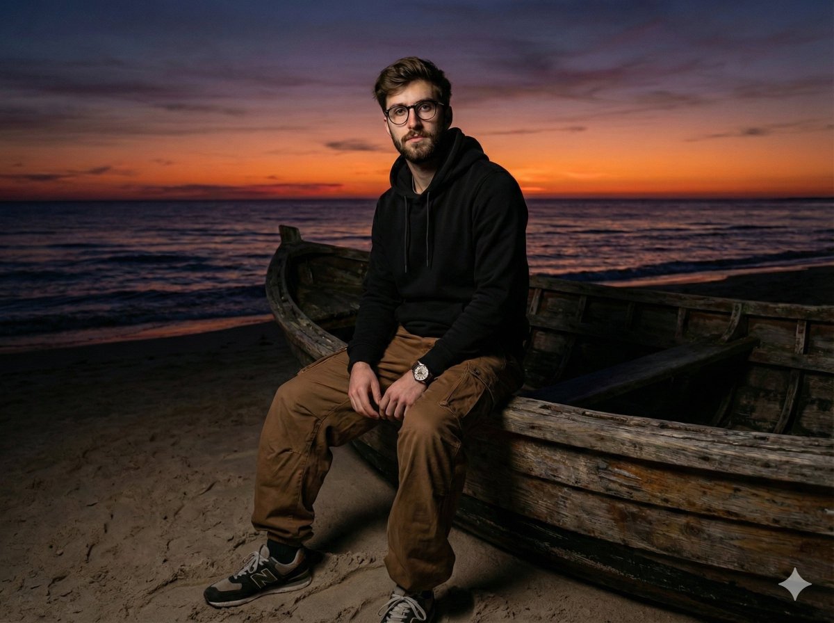Moody Cinematic Portrait Man on Stranded Boat at Sunset