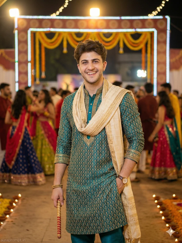 Navratri AI Portrait: Teal Kurta & Dandiya Celebration