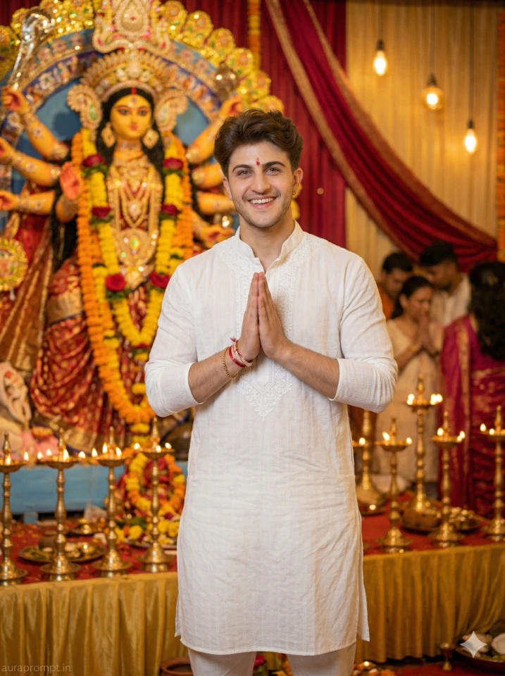 Navratri AI Portrait: White Kurta & Namaste Pose