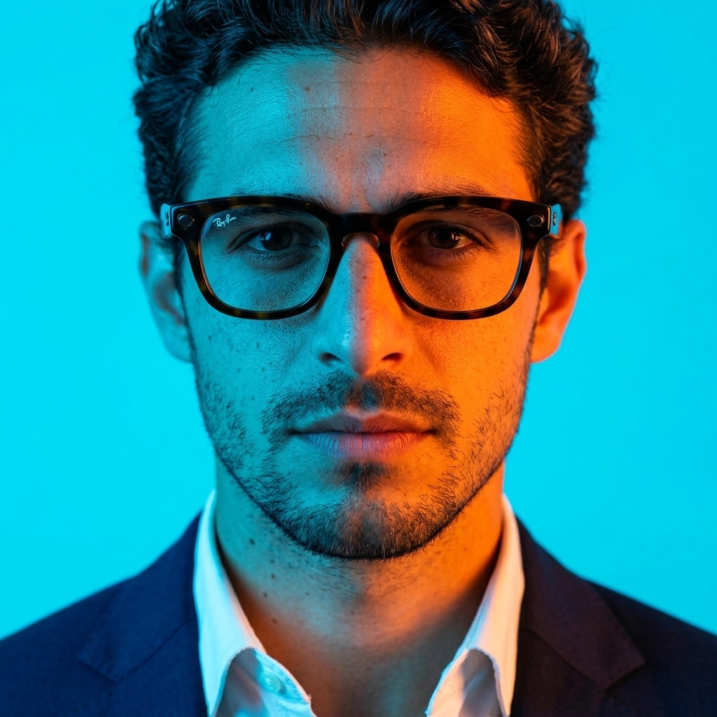 Neon Split-Light Cinematic Portrait with Smart Glasses