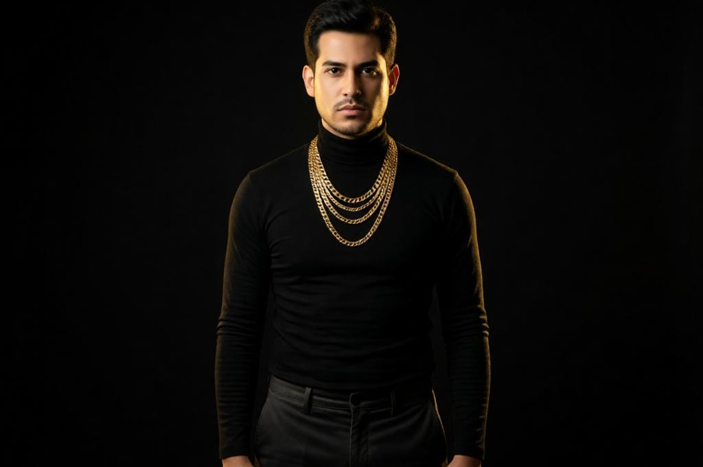 Photorealistic Black‑Suit Male Portrait with Gold Chains