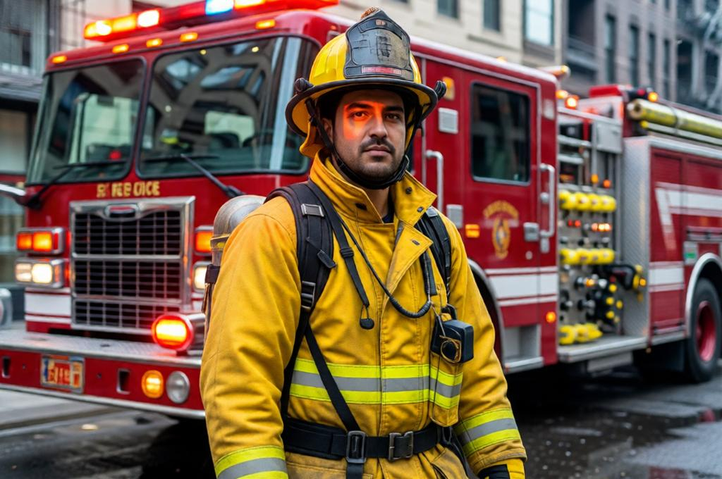 Photorealistic Firefighter Portrait with Fire Truck
