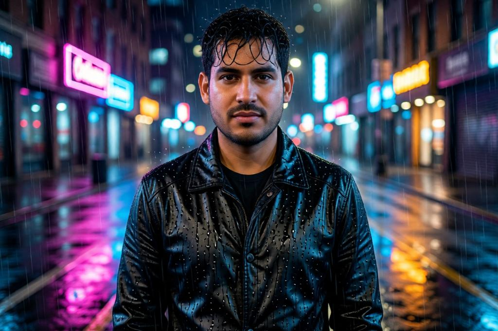 Rain‑Soaked Neon Night Portrait – 8K Photorealistic Male