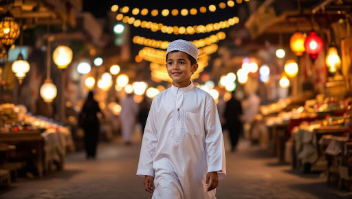 Ramadan Night Bazaar Portrait of Man in White Thobe
