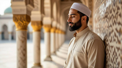Ramadan Portrait: Young Man in Beige Kurta Beside Islamic Arches