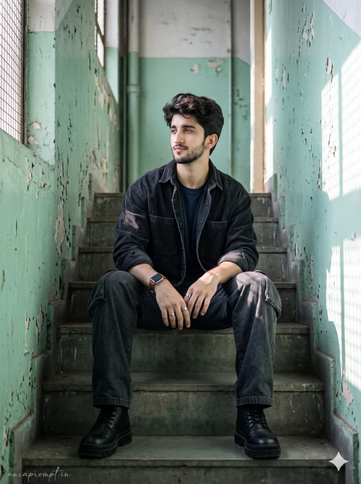 Raw Concrete Stairwell Portrait of Indian Model in Dark Streetwear