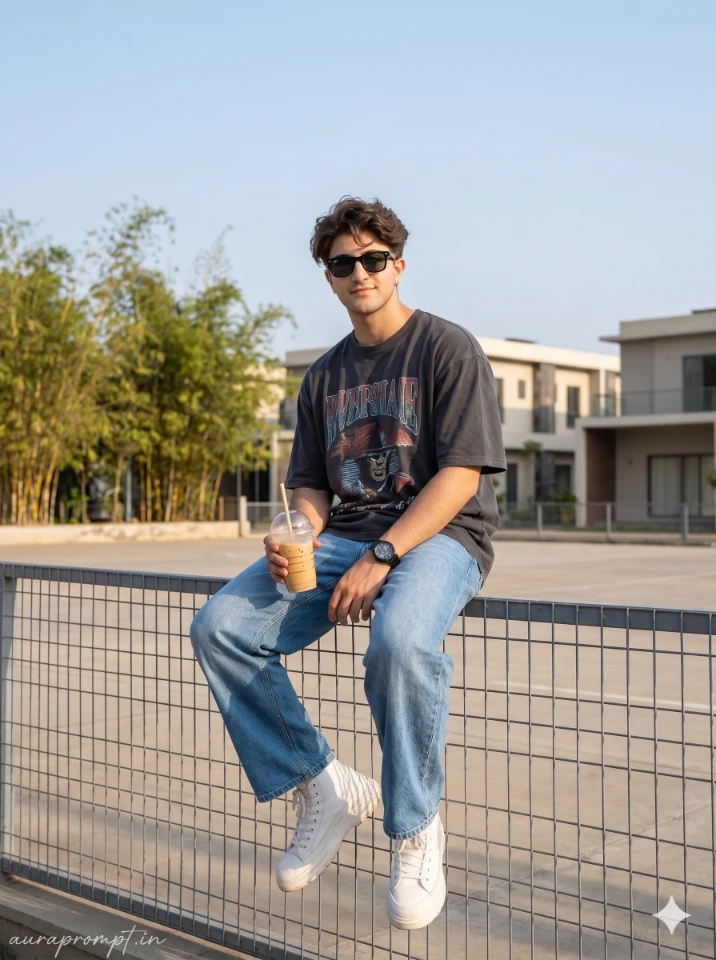 Relaxed Young Man in Charcoal Graphic Tee on Steel Fence Lifestyle