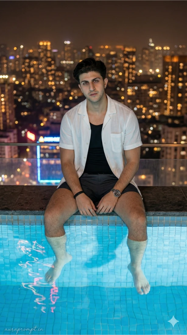 Rooftop Infinity Pool Portrait - Mumbai Night