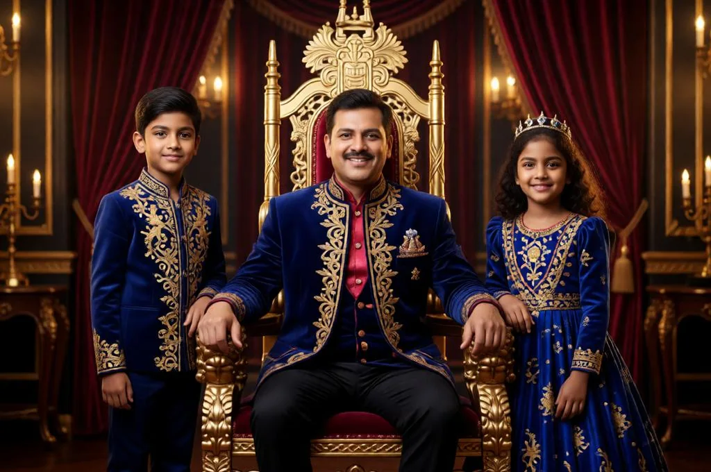 Royal Father's Day Portrait with Kids on Golden Throne