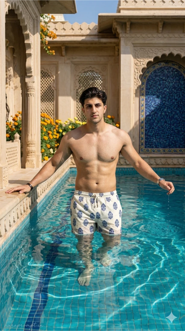 Royal Pool Portrait of Young Indian Man in Udaipur