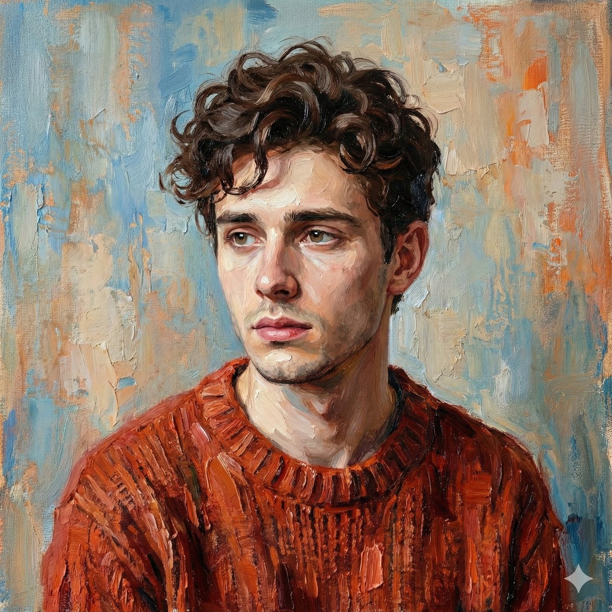 Rust-Red Sweater Young Man Oil Portrait