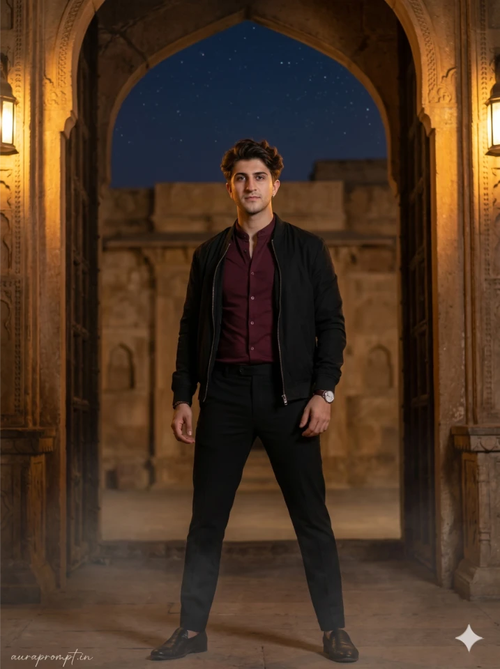 Stone Gateway Portrait: Cinematic Night Fashion Editorial
