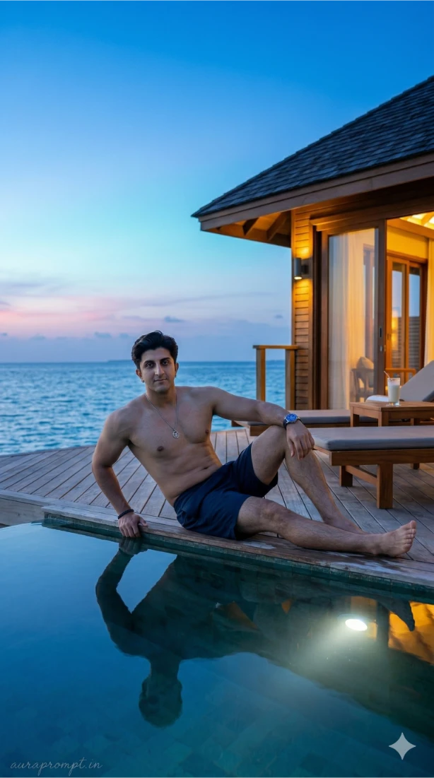 Stylish Indian Man at Maldives Infinity Pool Blue Hour