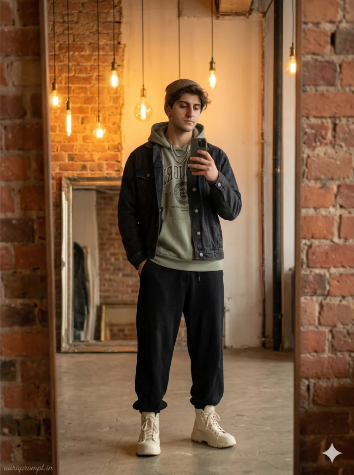 Stylish Industrial Loft Mirror Selfie AI Portrait