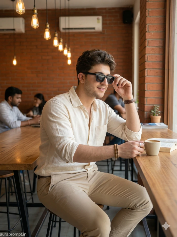 Ultra-Realistic Indian Man in Stylish Cafe Prompt 2026