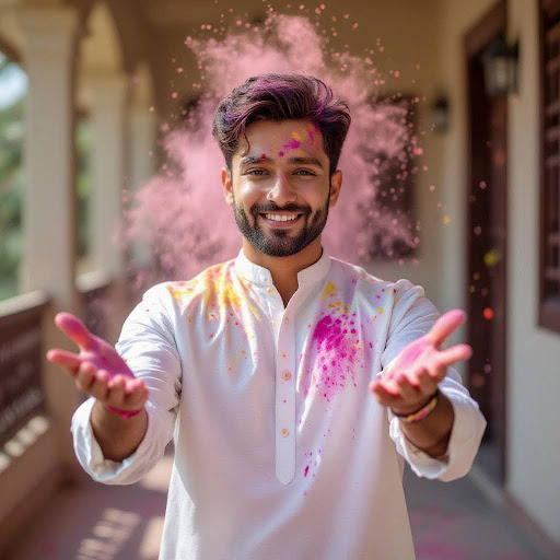 Vibrant Holi Male Portrait in White Kurta
